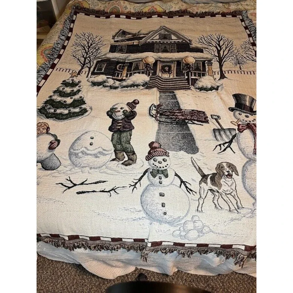 Snowman Tapestry Throw Blanket & Pillow Set Cozycore Cabincore Winter Christmas